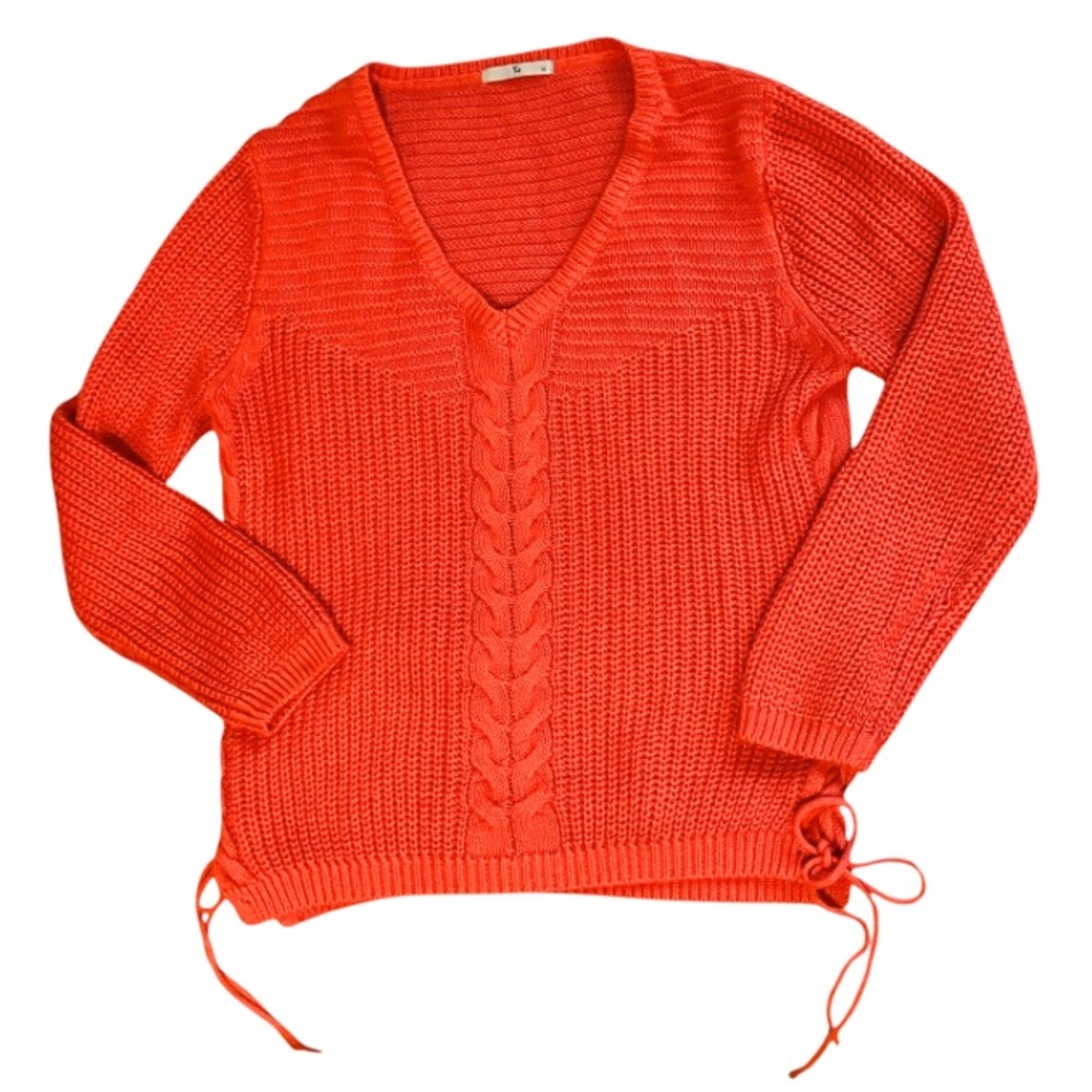 Tu‎ V Neck Lace Up Cable Knit Sweater Womens 12 Orange